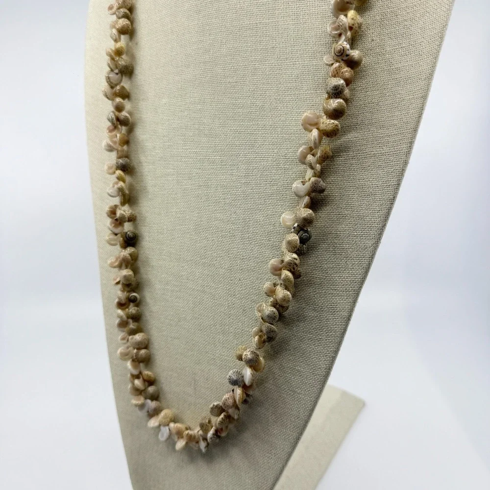 Natural Spiral Seashell Cluster Long Necklace Cream Coastal Boho Statement Gift